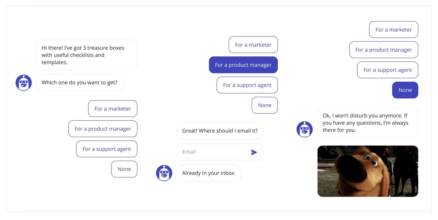 dashly leadbot thread with 2 conversation options