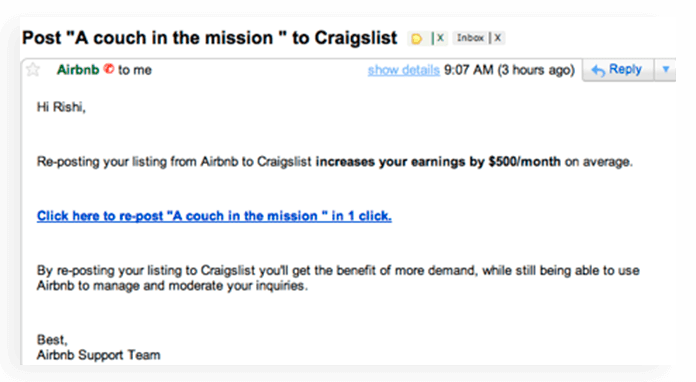 Growth hack email of Airbnb