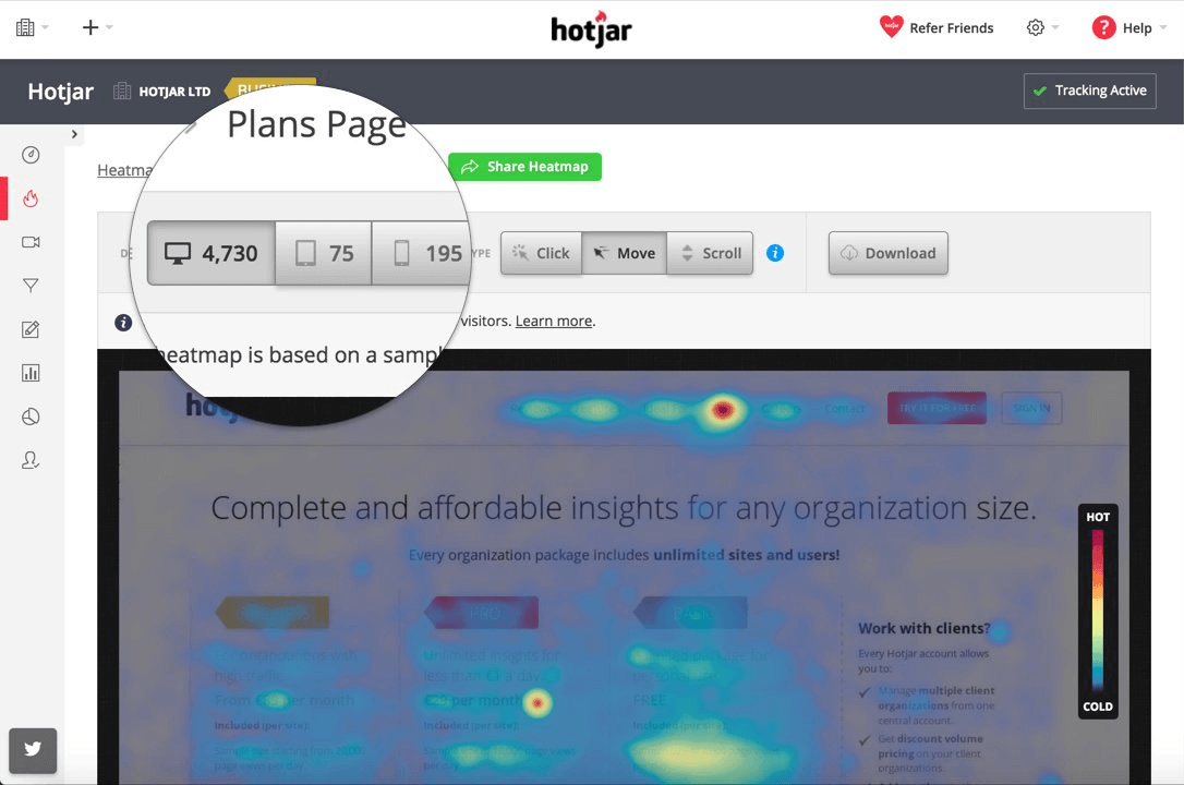 Martech analyticks stack - Hotjar click heatmaps