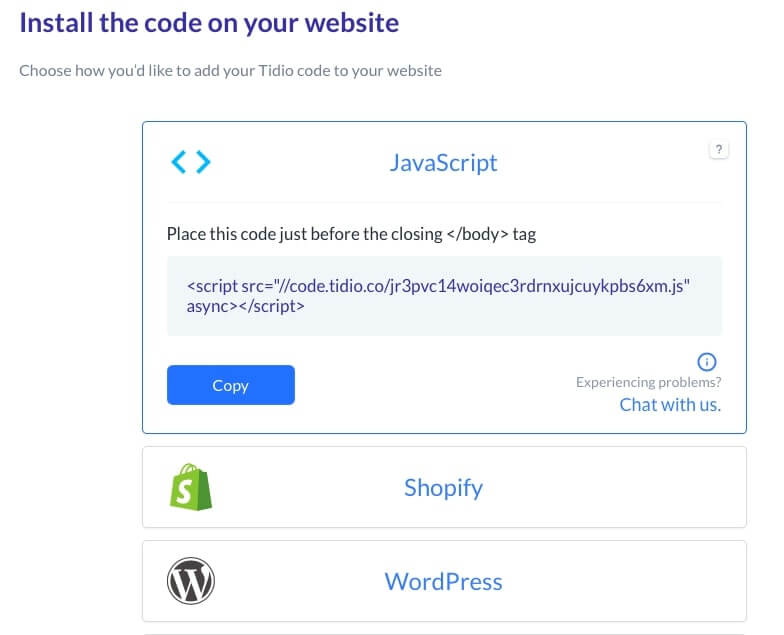 tidio code for installation