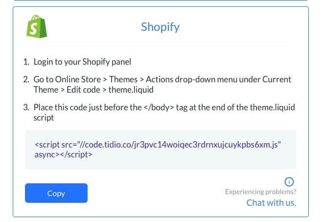 tidio installation with shopify