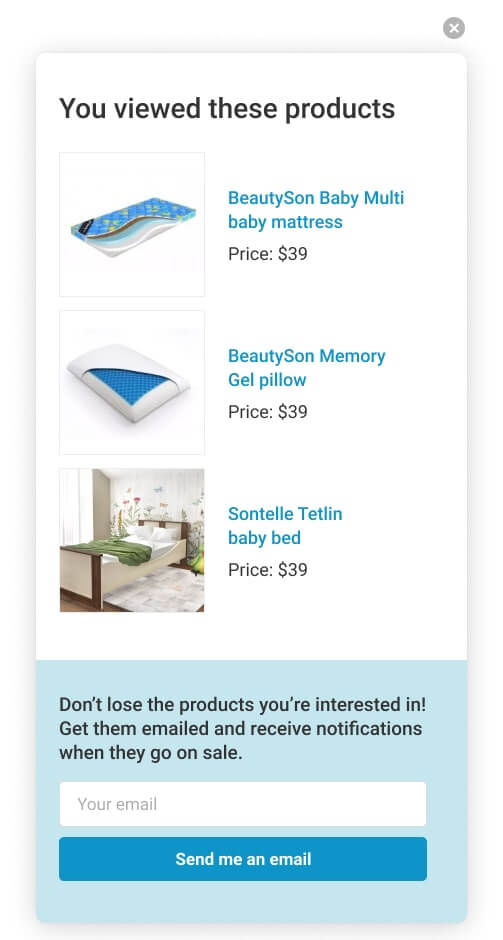 The pop-up with the viewed products