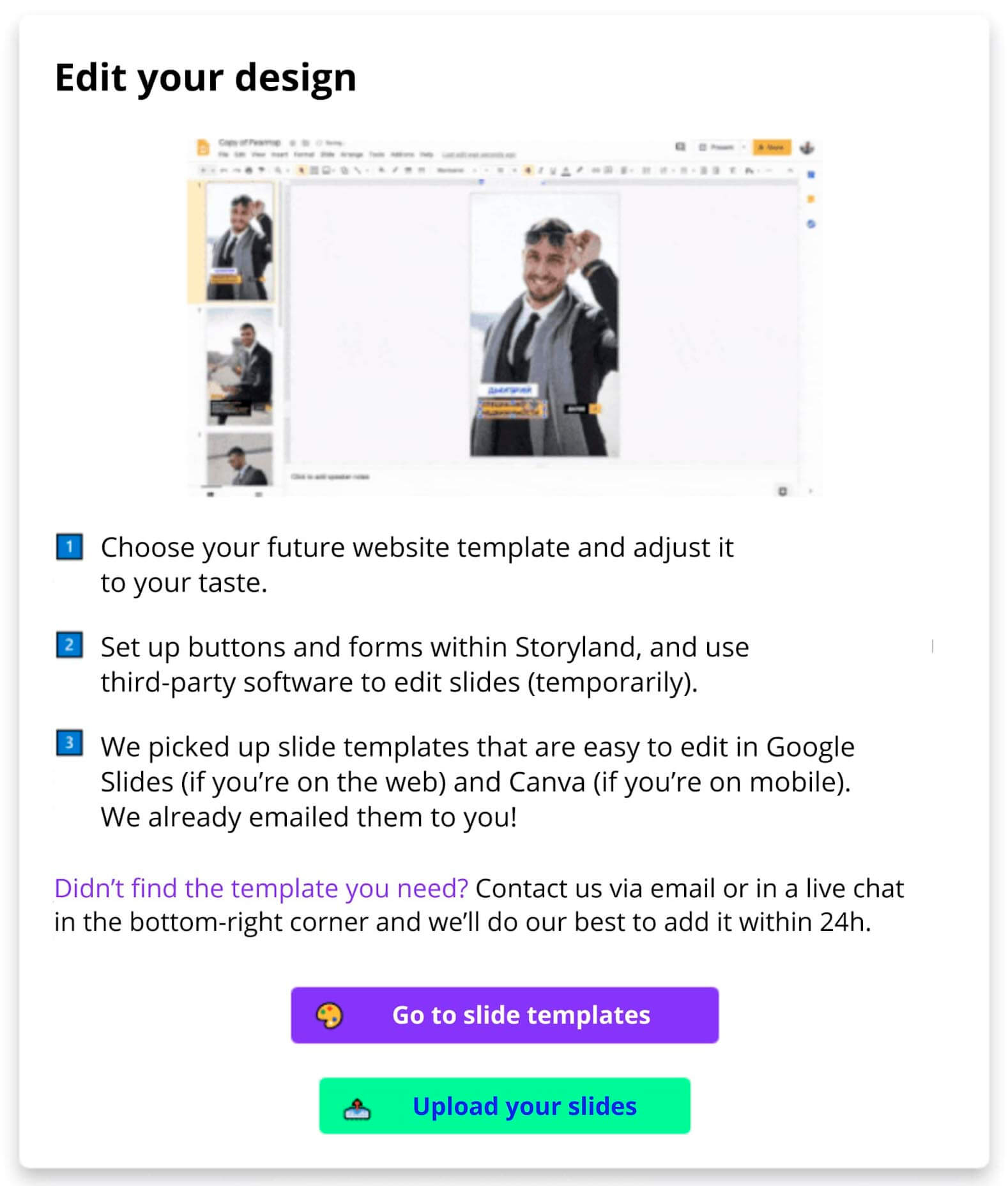 Pop-up leading to the slide templates