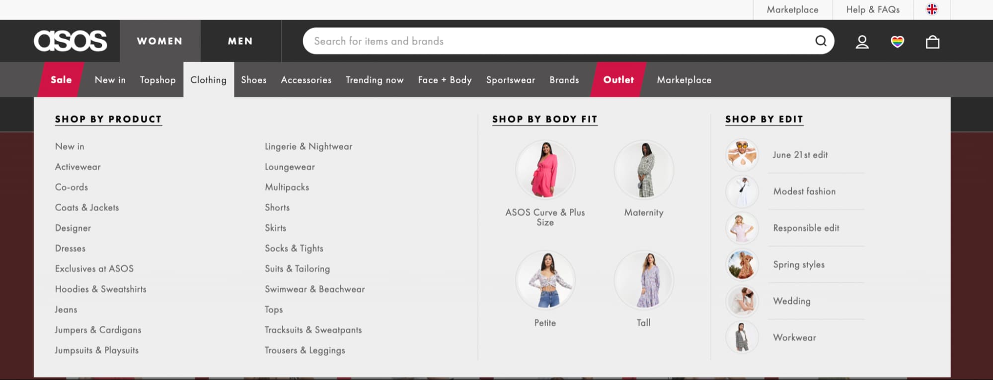 Asos.com has very convenient drop-menu where you can easily find the item you need