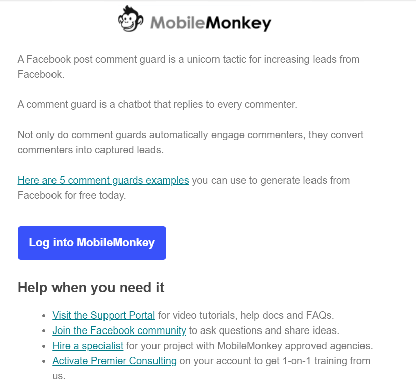 Onboarding email example MobileMonkey #8