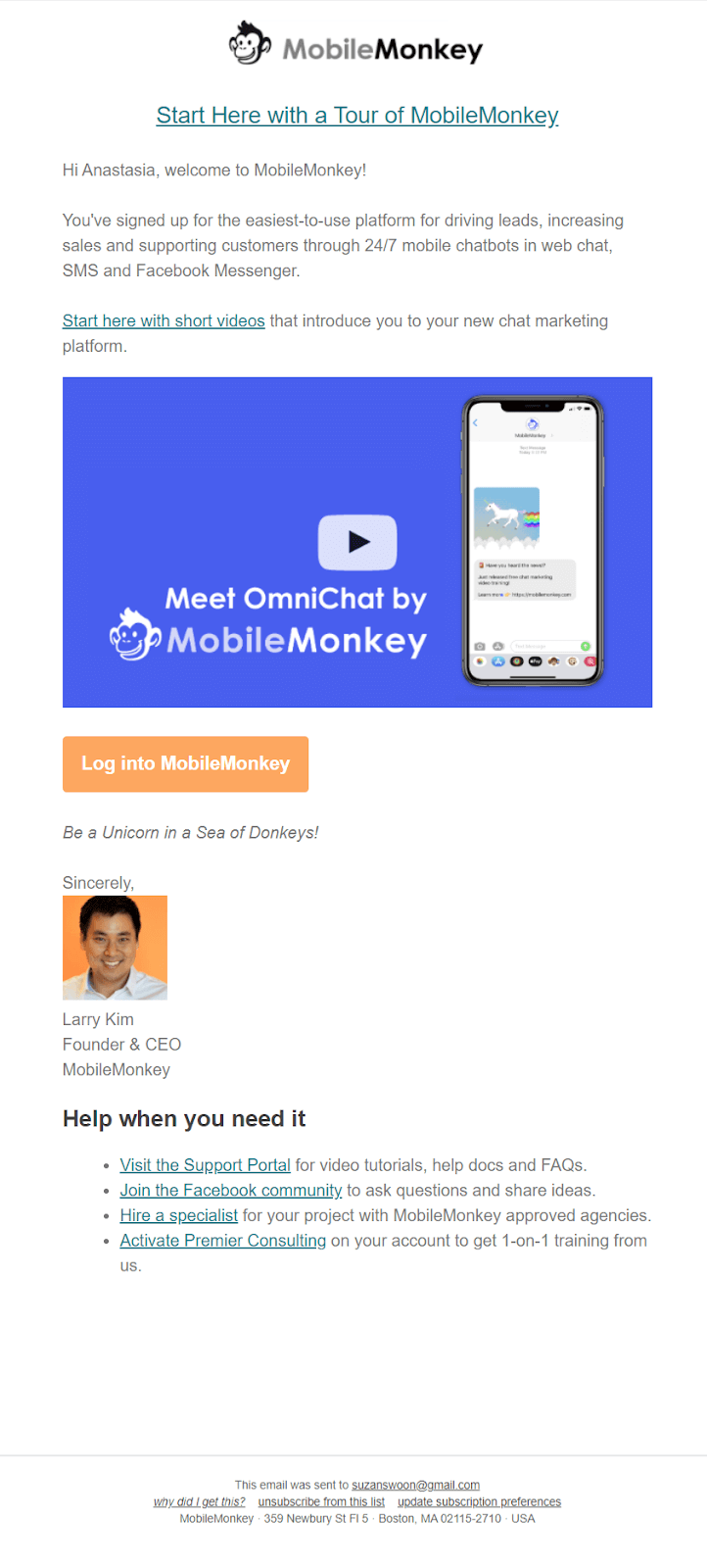 Onboarding email example MobileMonkey #1