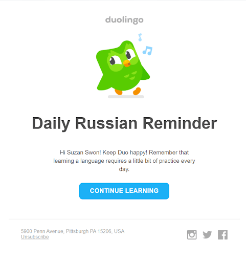 Reminder onboarding email example Duolingo #2