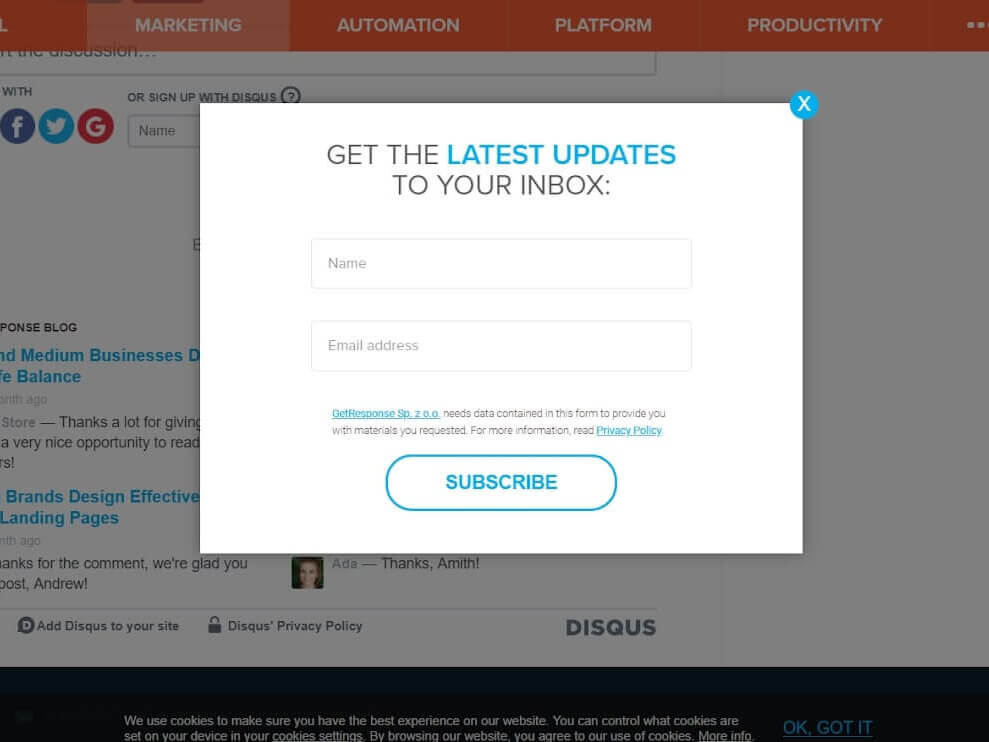 Email popup example