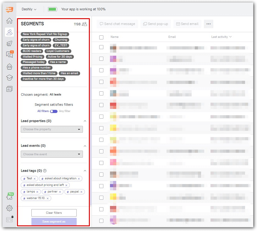 Segment audience using filters in the Dashly interface for abm strategy