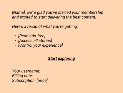 [Name], we’re glad you’ve started your membership and excited to start delivering the best content.

Here’s a recap of what you’re getting:
[Read add-free]
[Access all stories]
[Control your experience]
 
Start exploring
 
Your username: 
Billing date: 
Subscription: [price]