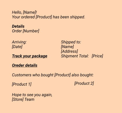 Confirmation emails:
Hello, [Name]! 
Your ordered [Product] has been shipped.
 Details
 Order [Number]

Arriving:
[Date] 

Track your package

Order details


Customers who bought [Product] also bought:
- [Product 1]
- [Product 2]
Hope to see you again,
[Store] Team