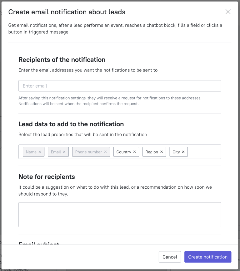 The modal window for email notifications' settings in trigger messages