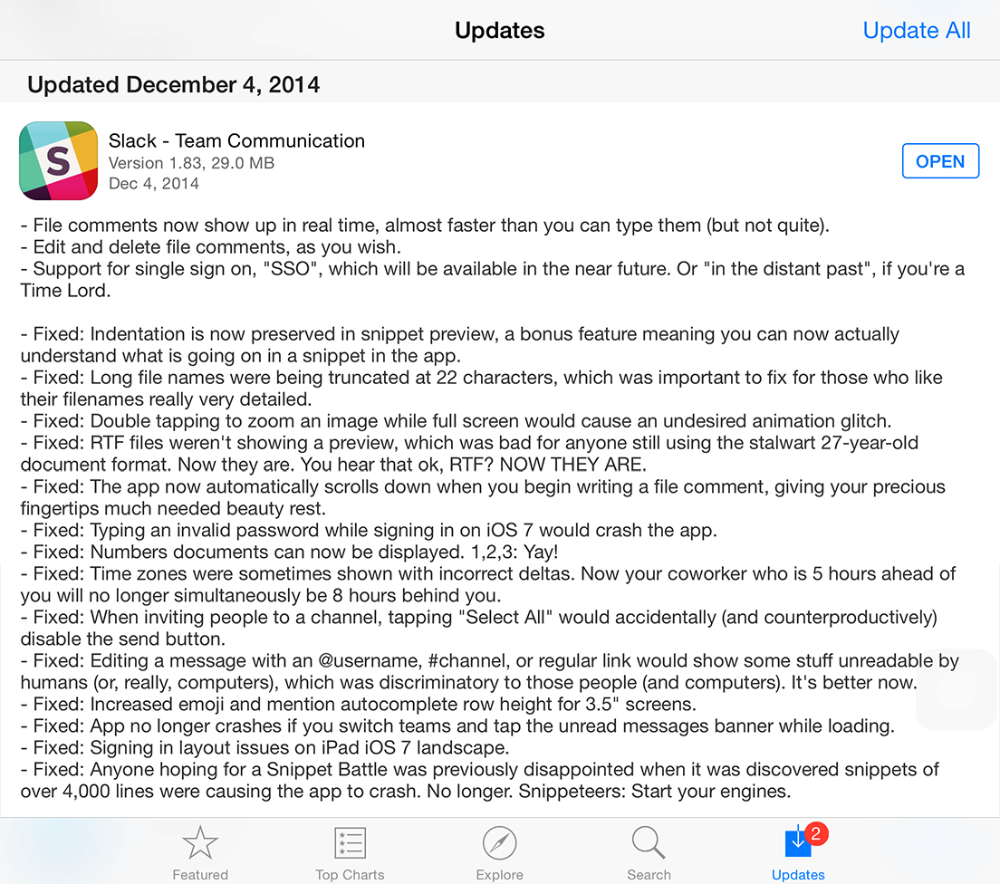Release notes distributed via app store