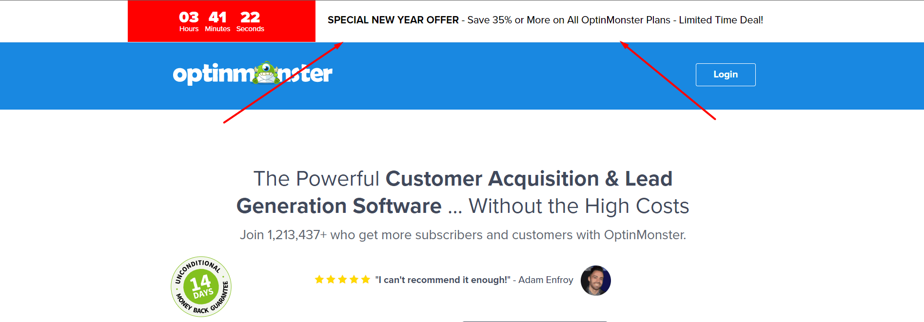 Discount banner on OptinMoster website lead generation tool