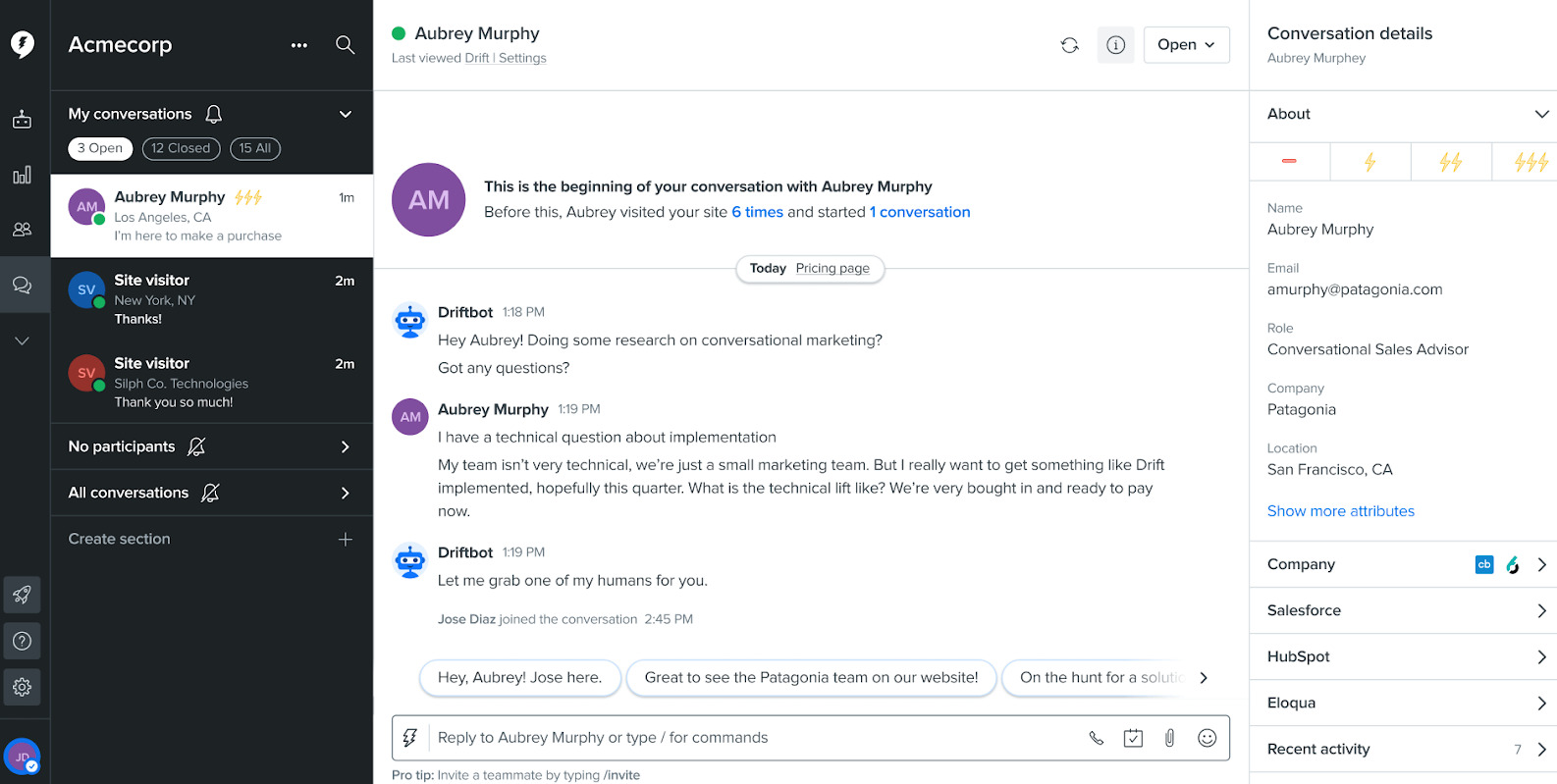 Drift using live chat for sales