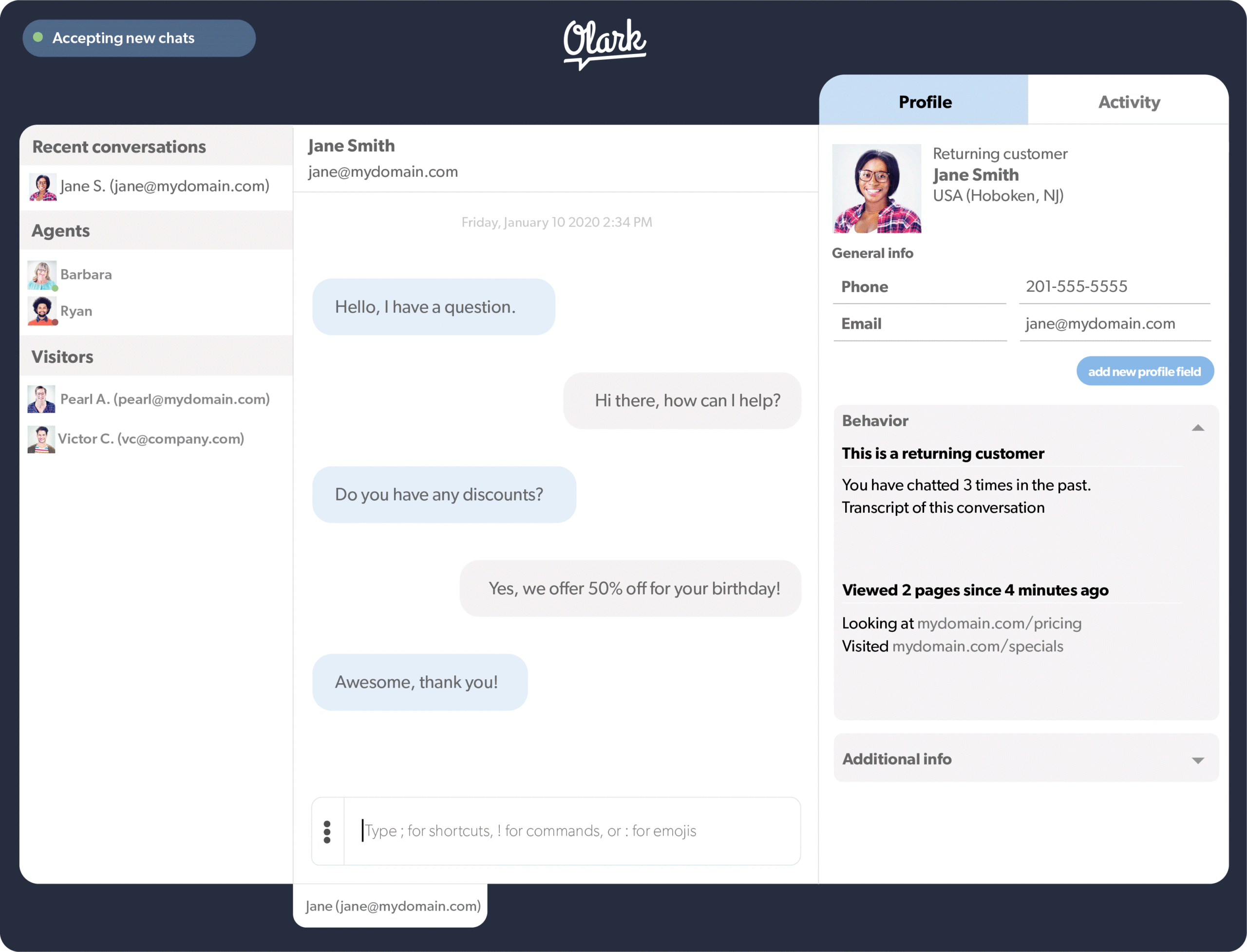 Olark features a clean interface with customer data