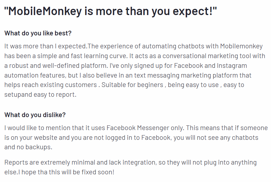 g2 review on mobilymonkey chatbot for customer service