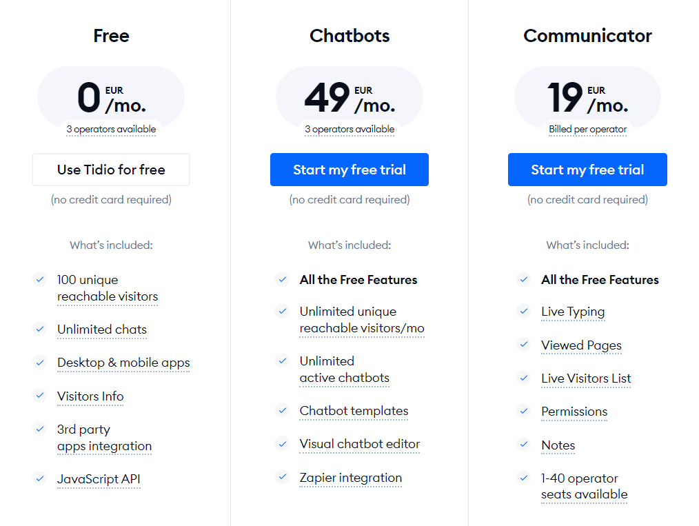 tidio pricing for chatbot for customer service