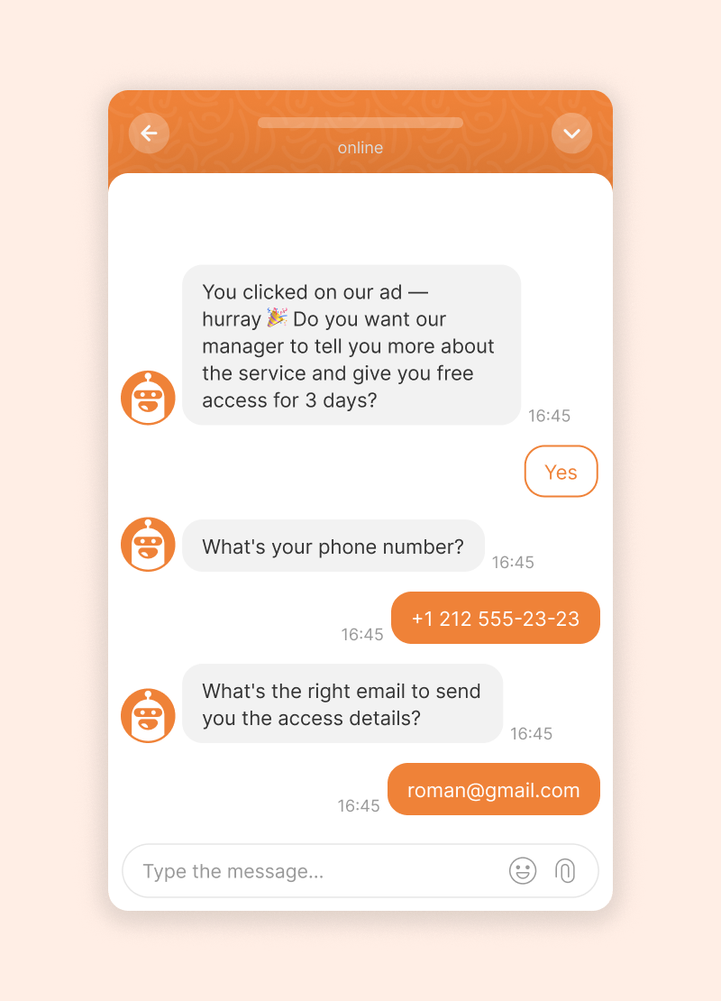 Dashly chatbot example