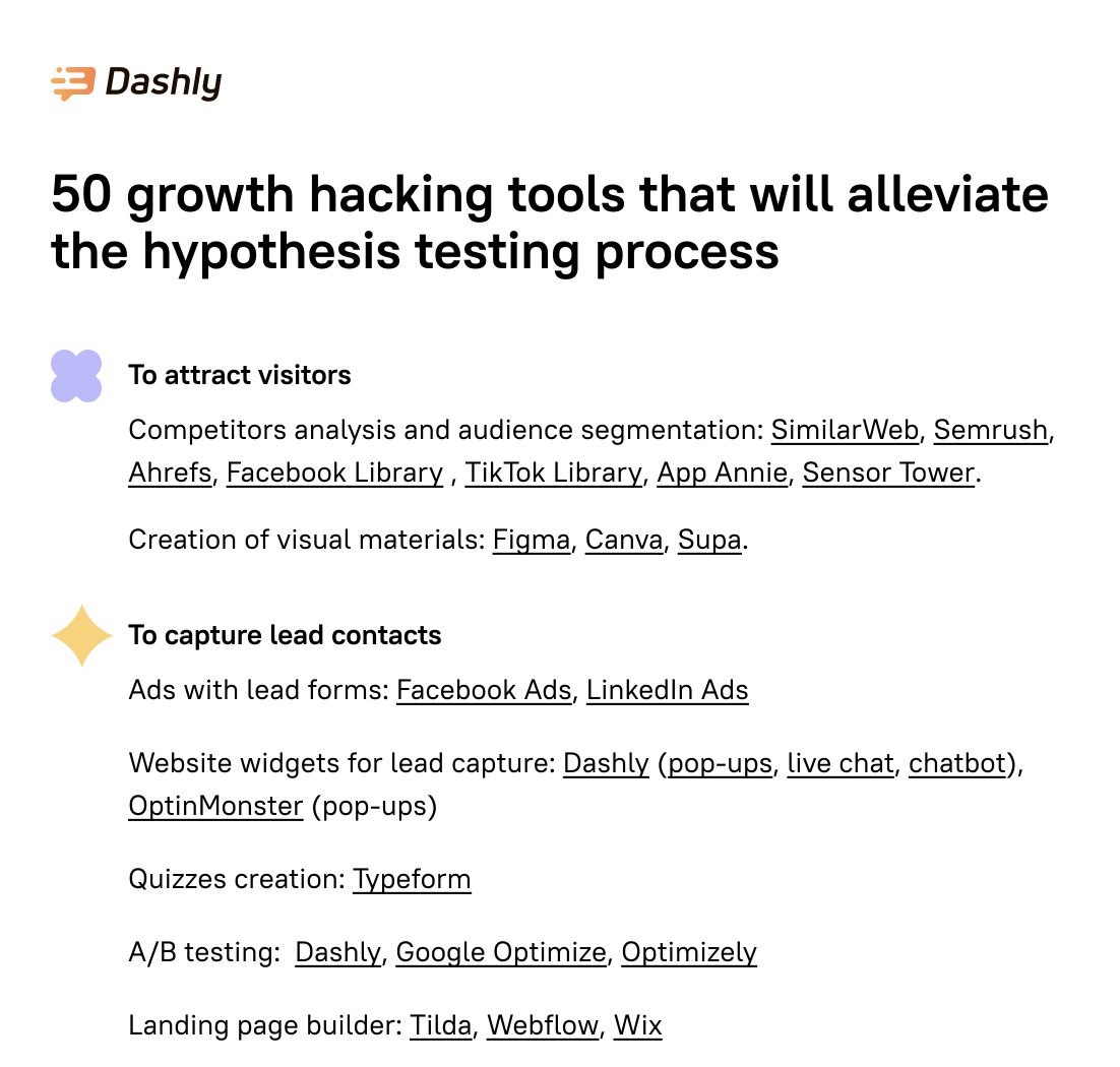Find a free list of 50 growth marketing tools tested by Dashly team