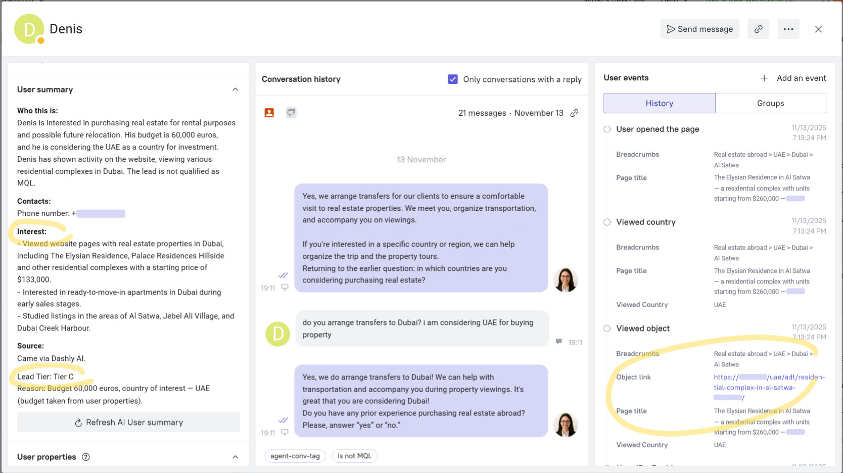 Lead card with a complete user profile