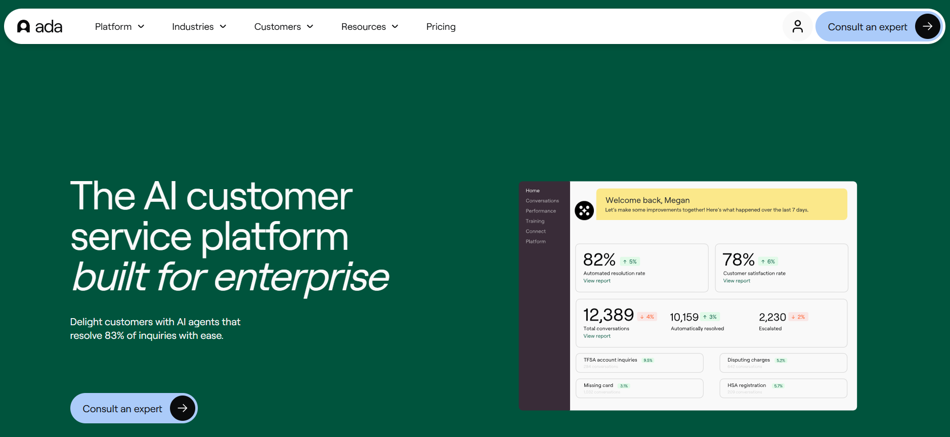 Ada AI agent for customer service