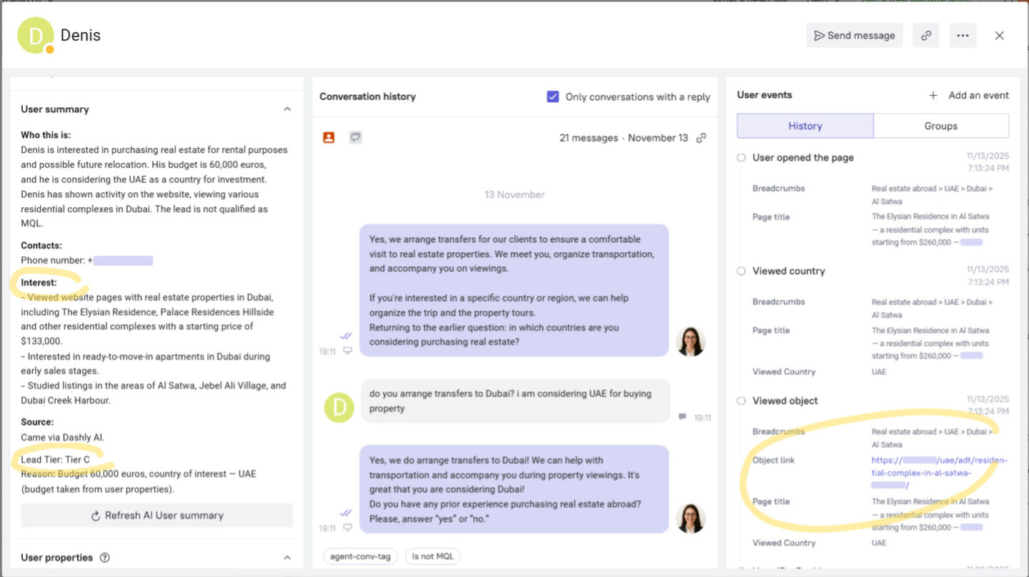 lead card with all user data