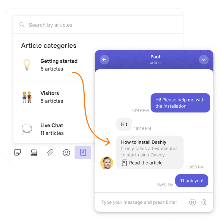 Share help articles with your users in Dashly live chat